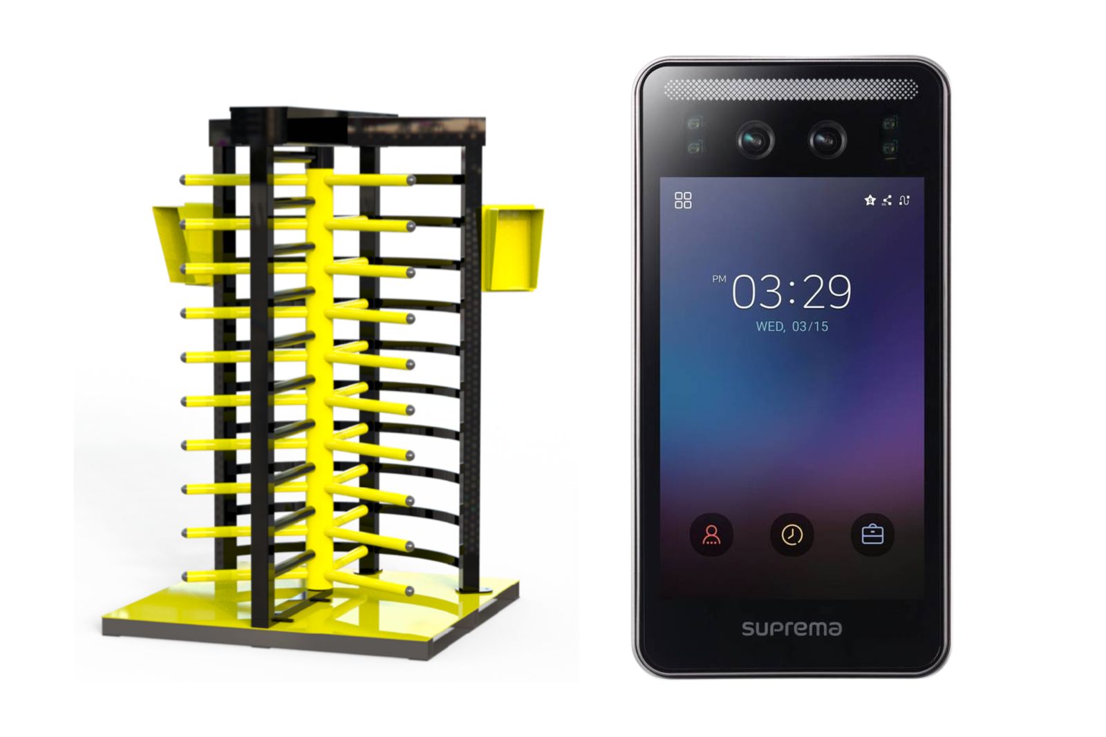 Full-height site turnstile beside a facial recognition terminal