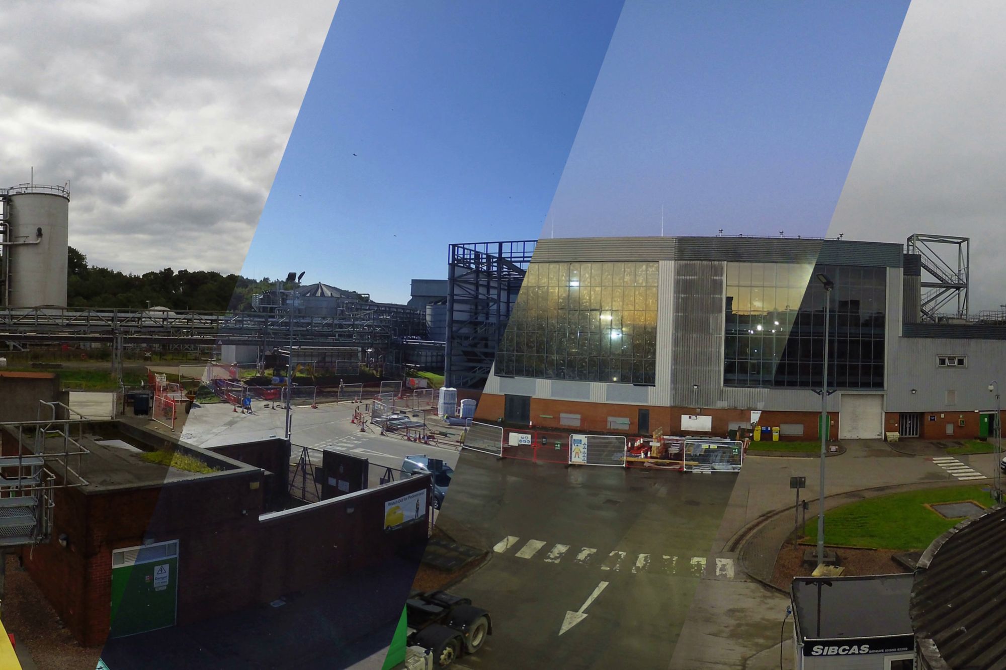 Time-lapse frames of a construction project from day to night